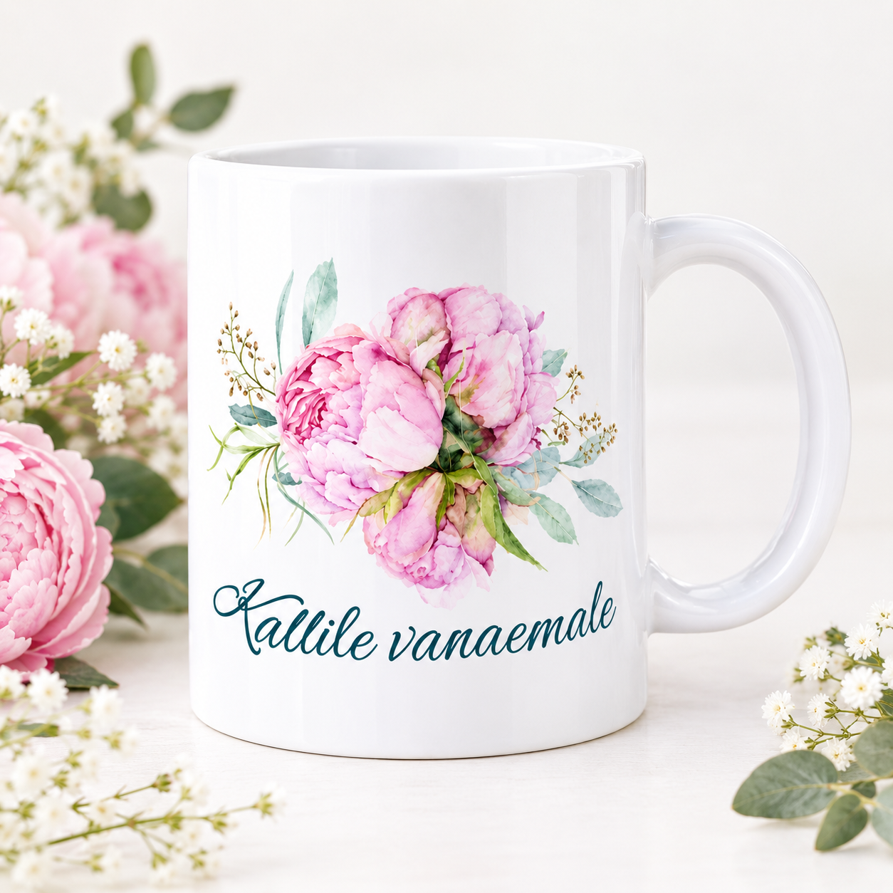 Pojengidega kruus "Kallile vanaemale/mammale/emale"
